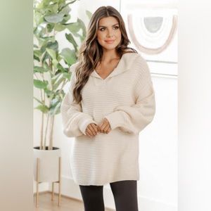 Pink Liky Nothing In My Way Beige Collared Ribbed Oversized Sweater